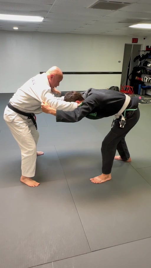 Two partners in white and black gis demonstrating standing grip positions